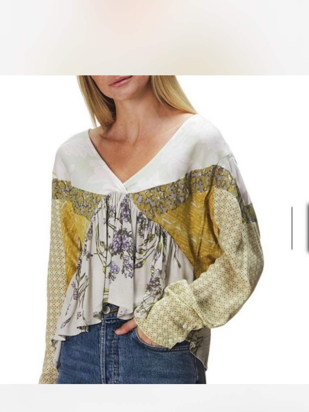 Free People Yellow and White Floral Patchwork V-Neck Tunic